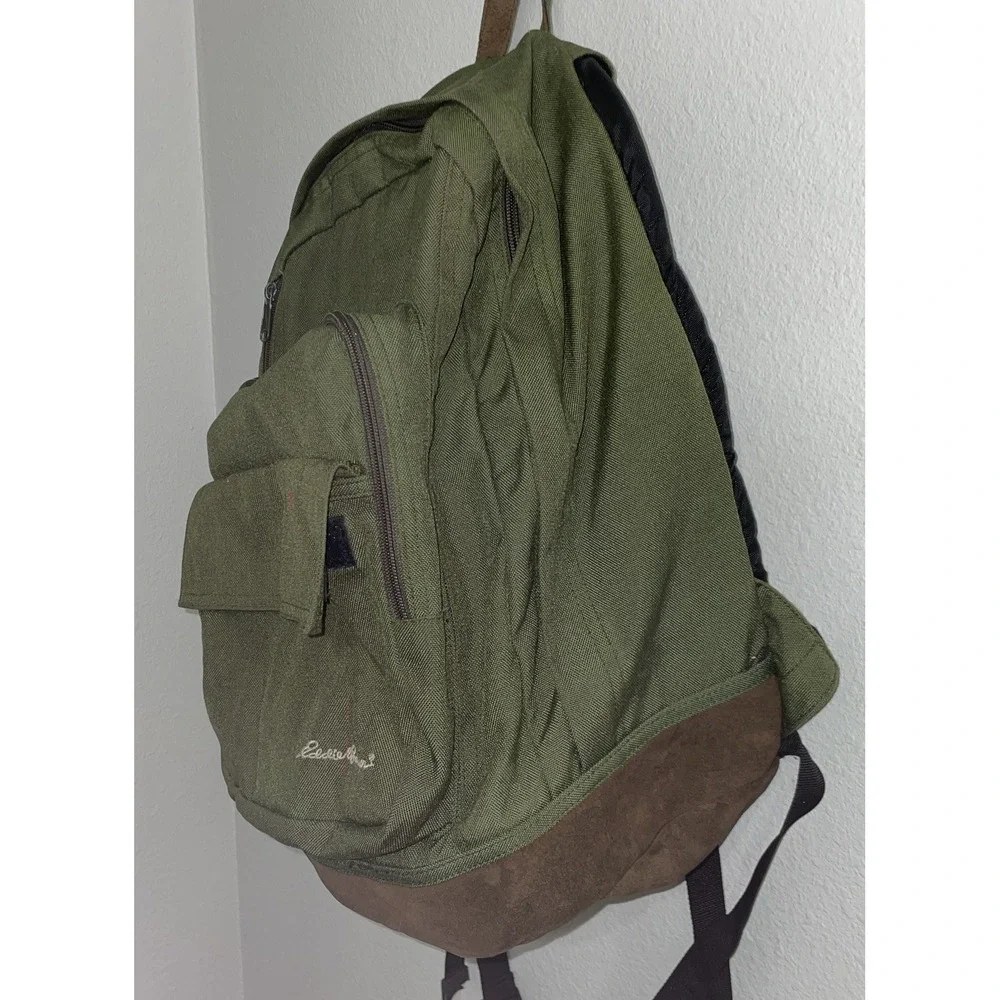 Vintage Eddie Bauer Suede Bottom‎ Backpack Green Travel Camping School Hiking
